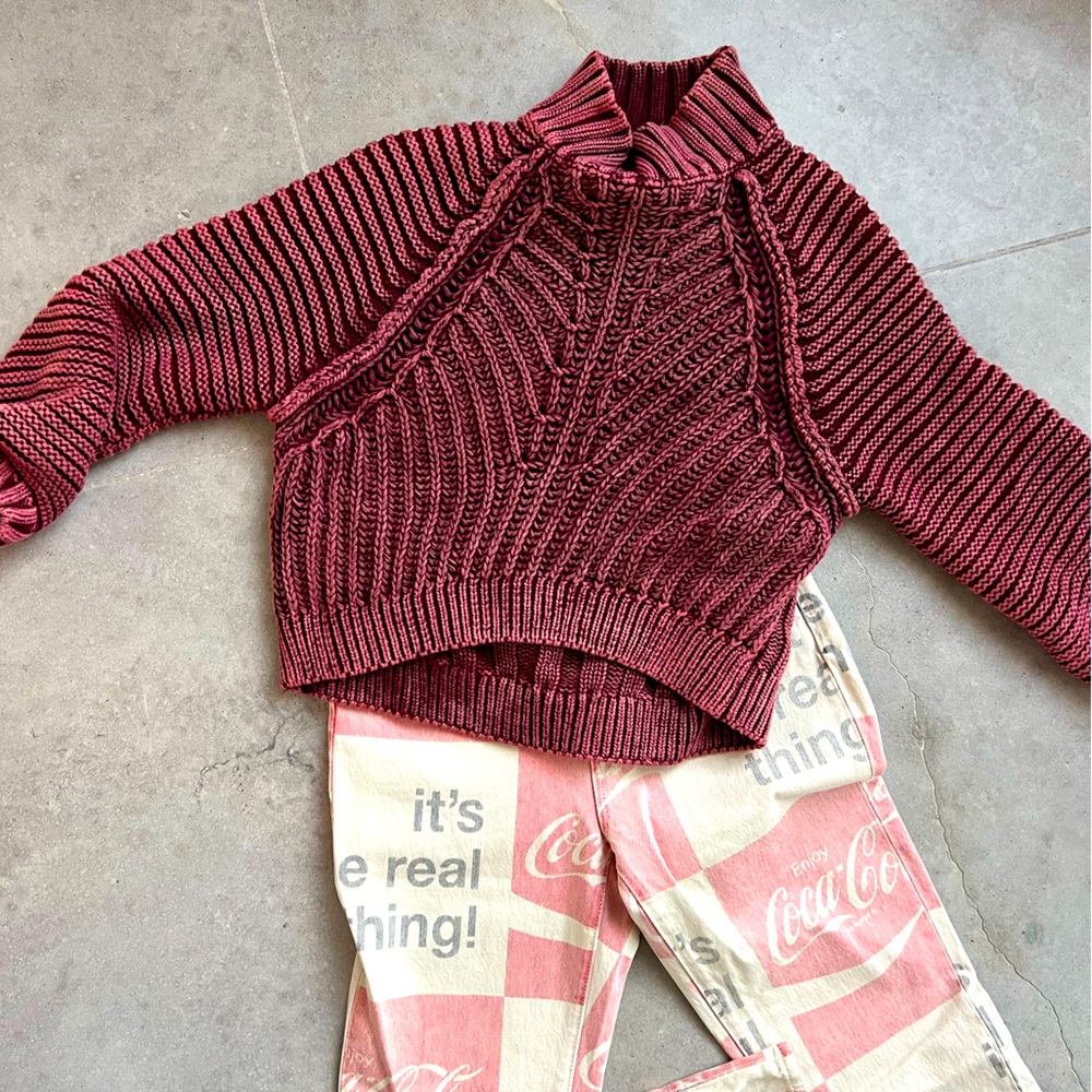 Free People Burgundy Red Wine Chunky Cotton Knit Cozy Stylish Boho Sweater Small